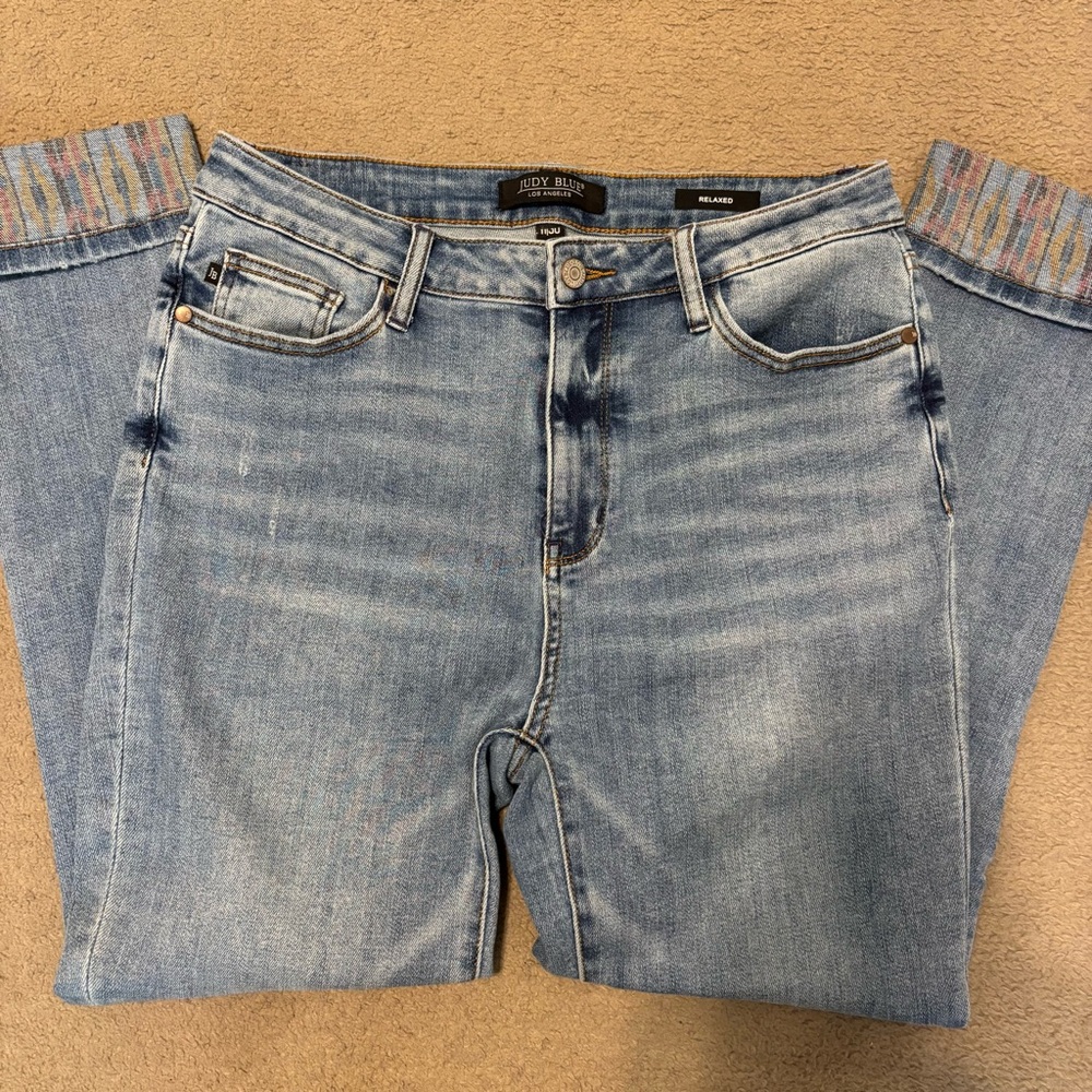 Judy Blue Relaxed Light Denim Jeans with Colored Rolled Hem